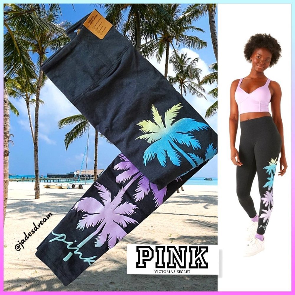 PINK Victoria's Secret Black Leggings with Palm Tree Design